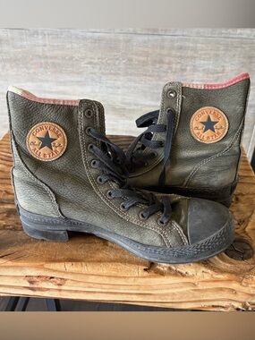 Converse Olive Green Leather High-Top Sneakers with Black Accents